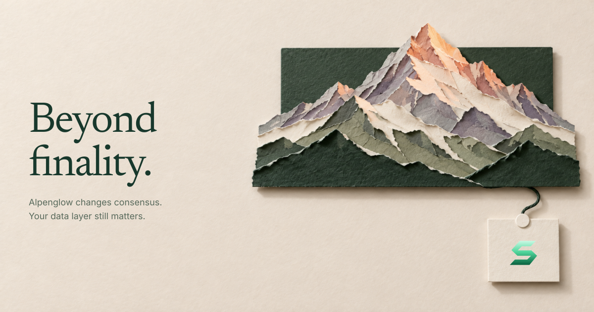 Beyond finality. A layered paper alpine mountain with a rose-gold summit and one hanging square Shredo tag.