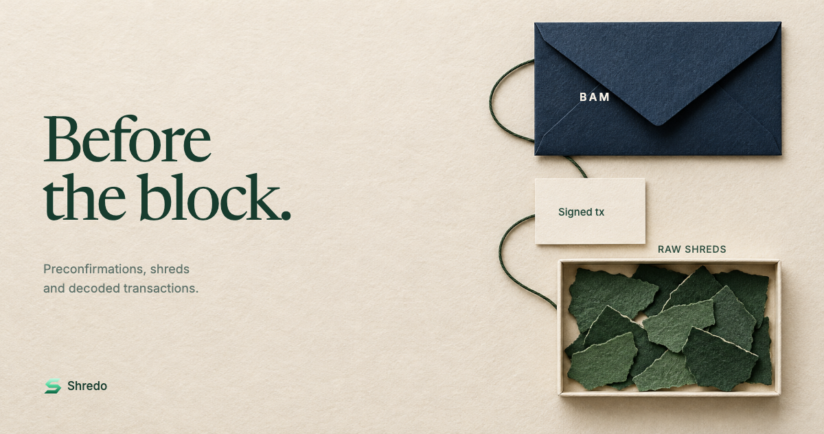 Before the block. A paper BAM envelope, signed transaction card and tray of raw shreds connected by a cord.