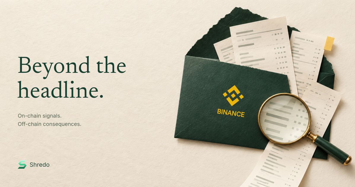 An opened forest-green paper envelope bearing the Binance mark, cream transaction slips and a brass magnifying glass, beside the headline Beyond the headline.
