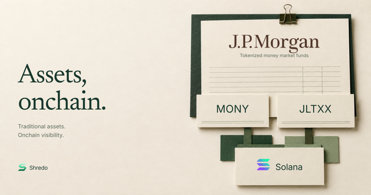 Assets, onchain. A paper J.P. Morgan document connects MONY and JLTXX fund cards to a Solana ledger card.