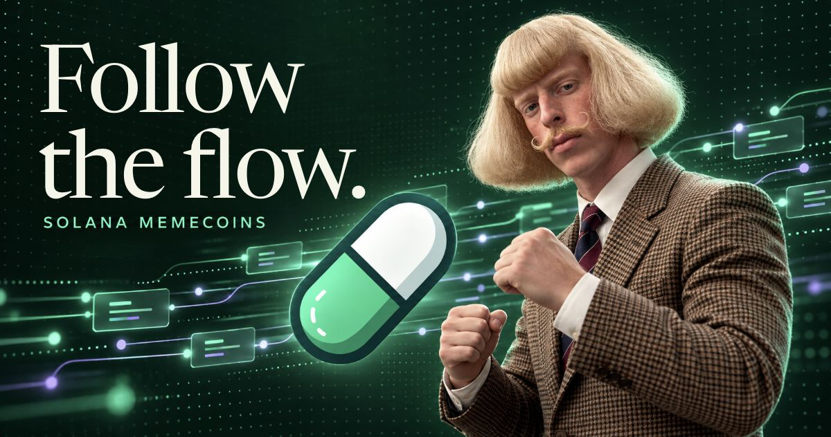 JEANPHIL beside the green-and-white pump.fun capsule and streaming data paths, with Follow the flow set in Shredo’s Newsreader typeface.
