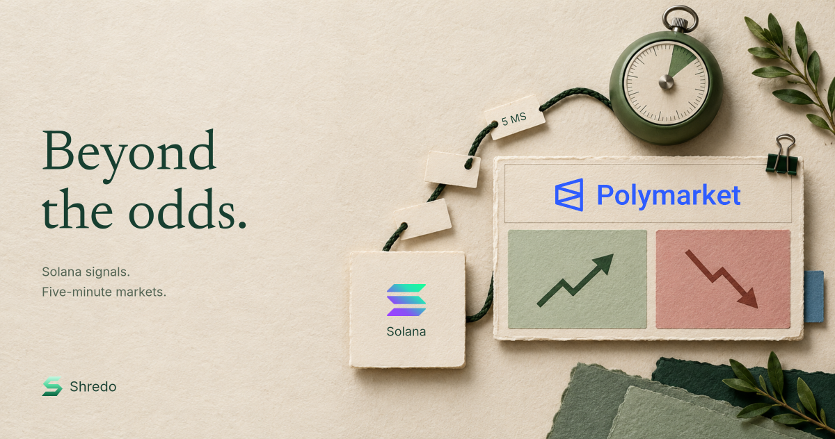 A paper Polymarket board with green upward and muted red downward arrows, a stopwatch and a cord linking Solana transaction cards with a 5 MS label, beside the words Beyond the odds.