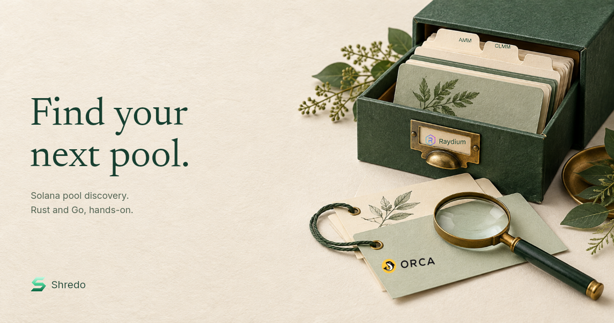 A green paper card catalogue with Raydium and Orca logos, AMM and CLMM divider tabs, and a magnifying glass, beside the headline Find your next pool.