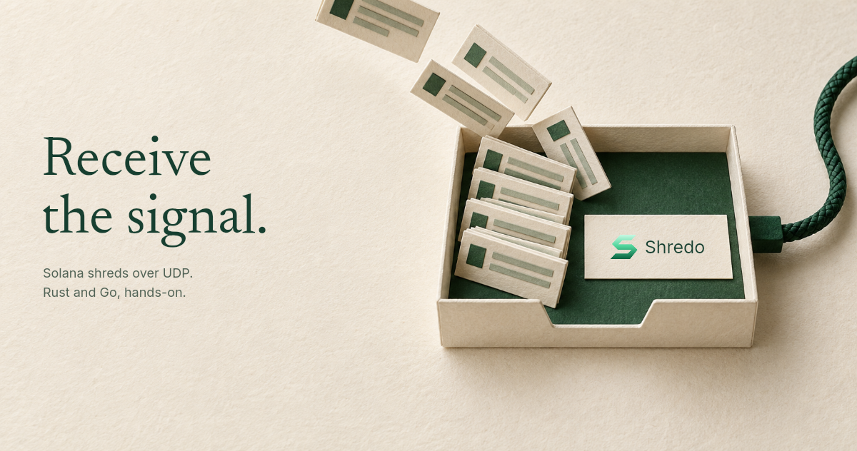 Paper packet cards arrive in a cream inbox connected by a green cable, alongside the words Receive the signal and a Shredo label.